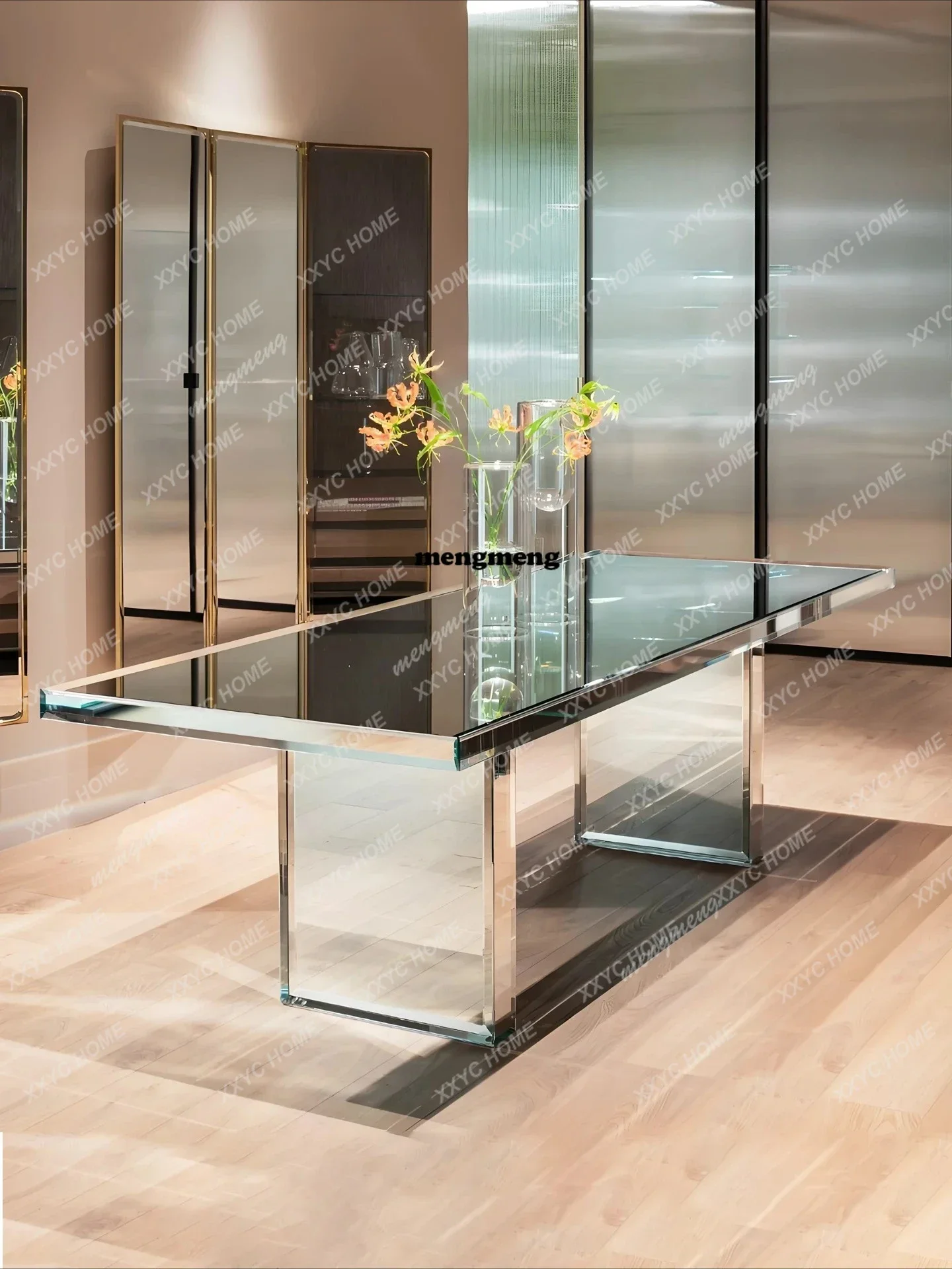 New arrive Silver-plated mirror glass dining table Household modern minimalist high-end rectangular office conference table