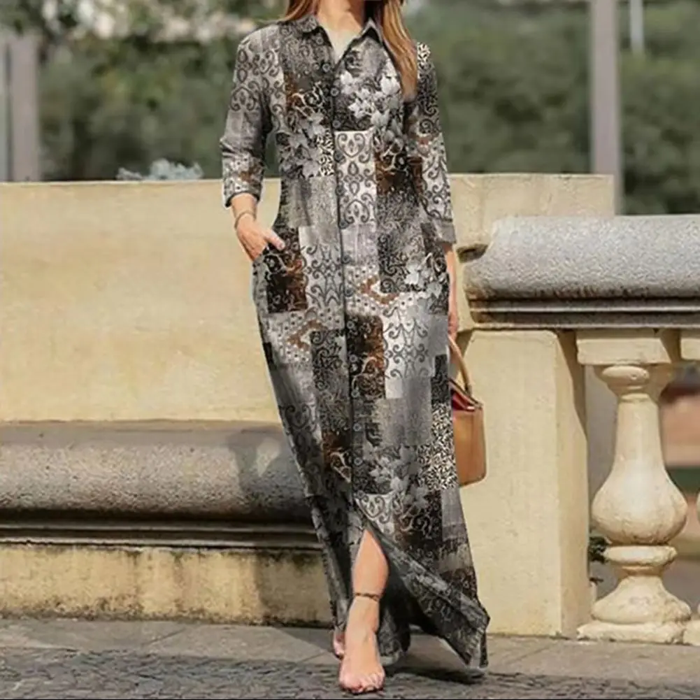 أزرار حتى بوهيميا طباعة المرأة فستان خمر الأزهار طباعة طويلة الأكمام بوهو نمط الشيفون فستان أنيق الكاحل طول قميص فستان