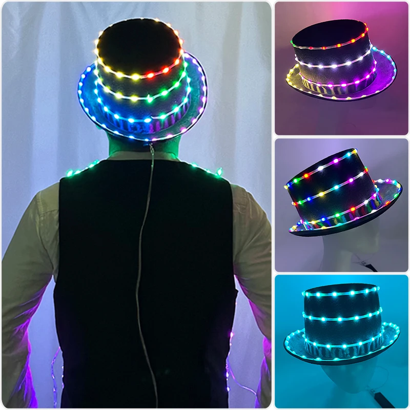 

App Bluetooth LED Jazz Hat Light Up Adult Top Hat Concert Dance Stage Performance Costume Gentlemen Cap Festival Dress Up