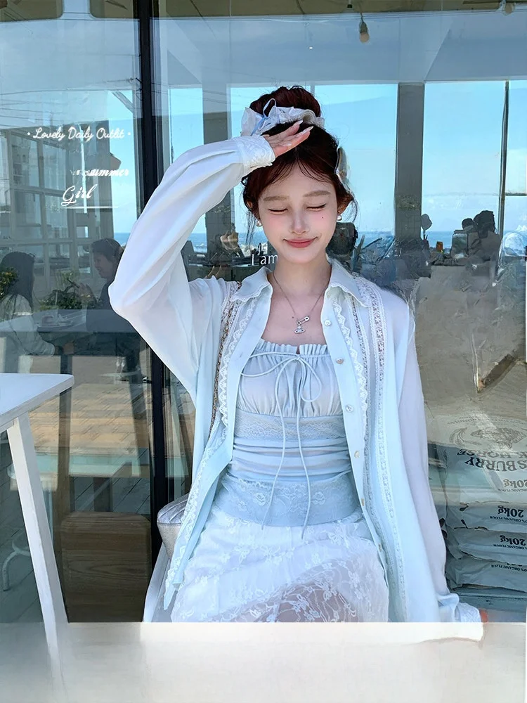 

Blue Long Sve Lace irt Women's Loose Slimming Top Summer Outerwear Casual Sle Polyester Fabric Flip Collar Button Closure