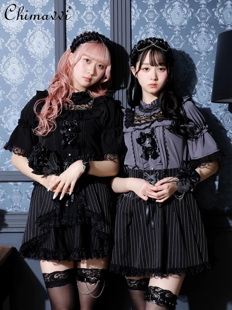 

Mine Mass-produced Dark Girls Gothic Short-sleeved Shirt 2025 Summer New Japanese Sweet and Cool Girl Bow Lolita Top Blusas
