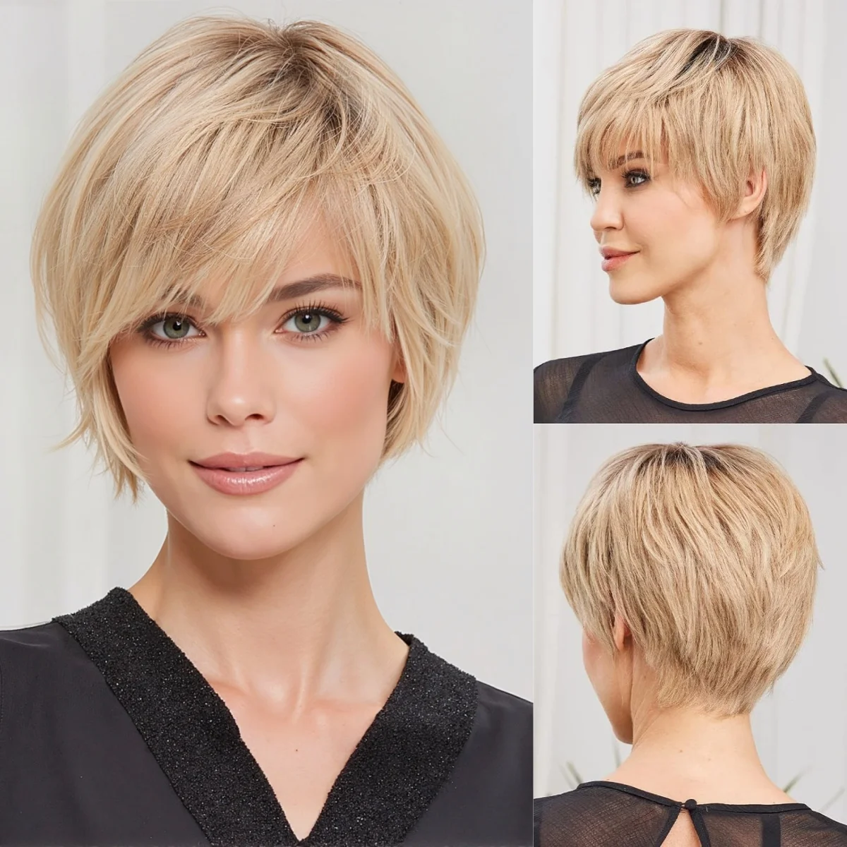 Blonde Human Hair Wigs Dark Root Short Pixie Cut Bob Wigs Machine Made Remy Human Hair Wig for White Women Daily Heat Resistant