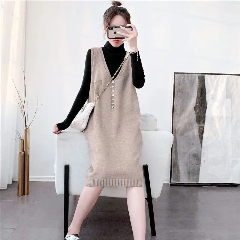 Vintage New Spring 2024 Women New Large Size Vest Straps Dress Loose All-match Sleeveless V-neck Solid Color Long Dress