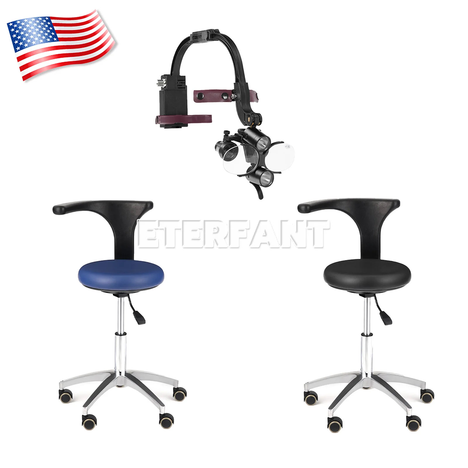 

3.5X Dental Surgical Headband Binocular Loupes+5W LED Head Light 2Leds/Doctor Assistant Stool Mobile Chair Adjustable Blue/Black