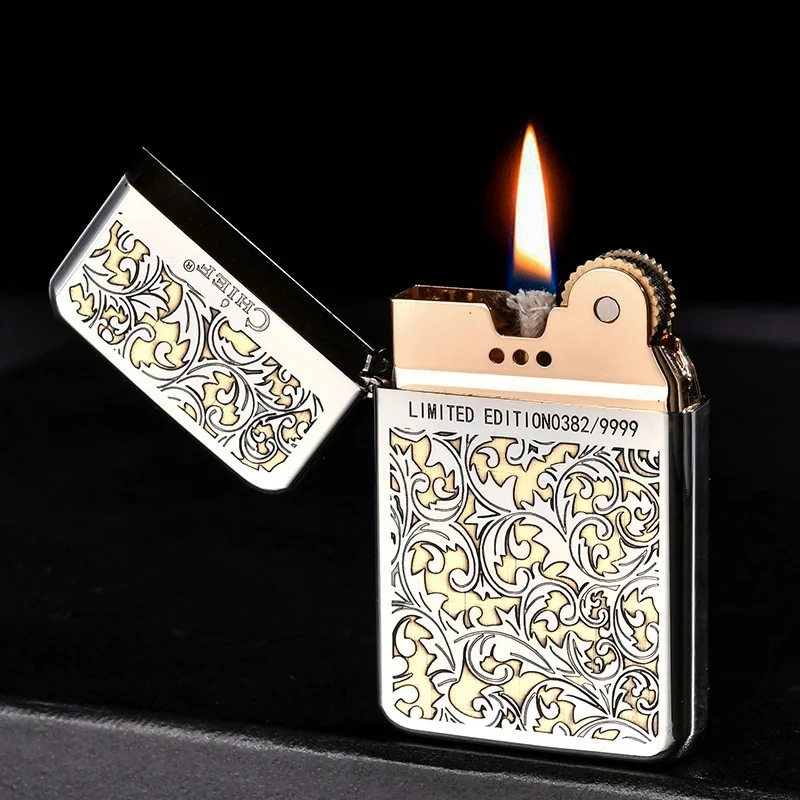 

CHIEF Kerosene Lighter Pure Copper Retro Grinding Wheel Ignition Carved Tang Grass Windproof Compact Portable Lighter Men's Gift