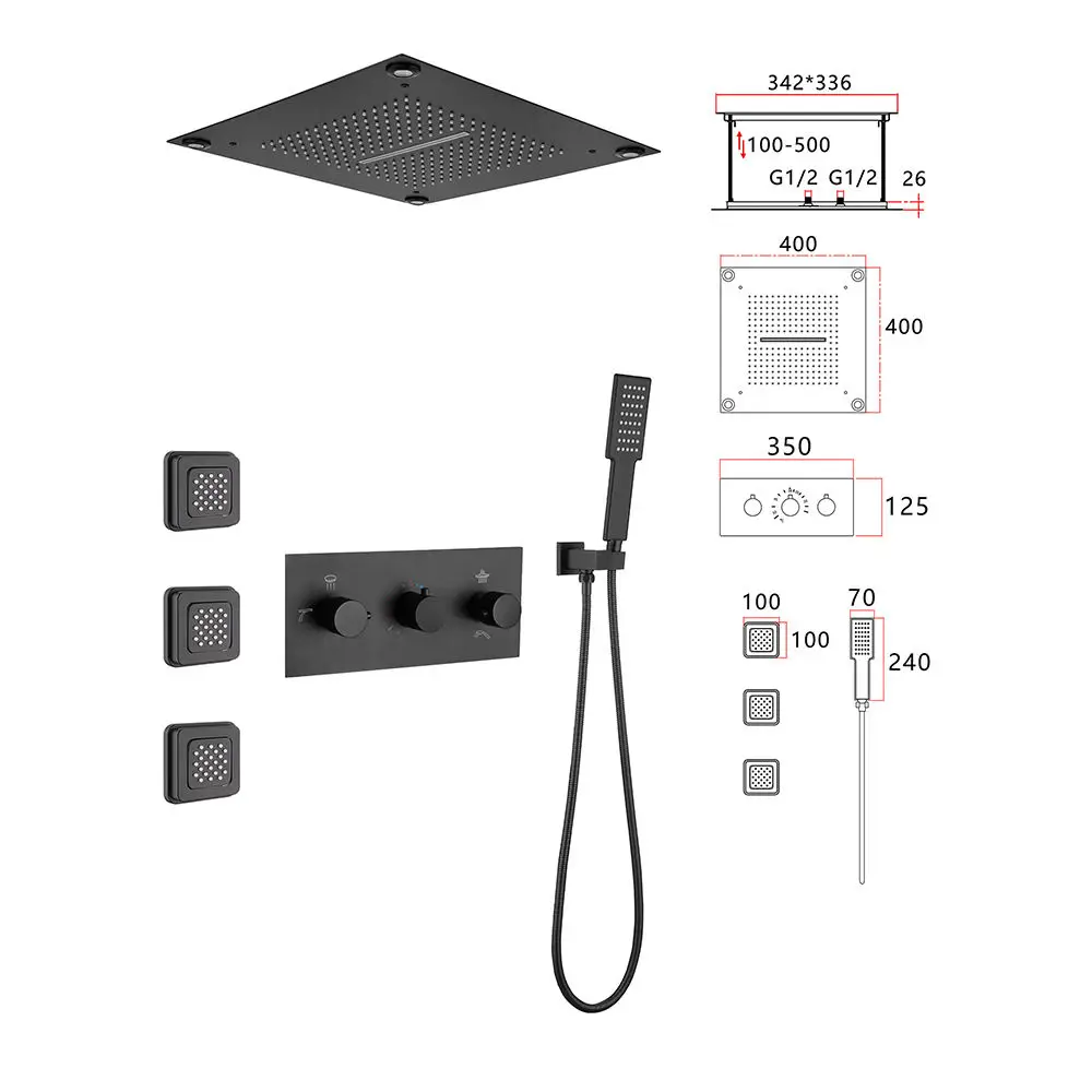 

Black Square Canopy Concealed Shower System Thermostatic Switch Rainfall Function Wall Spray LED Light Made of Solid Copper