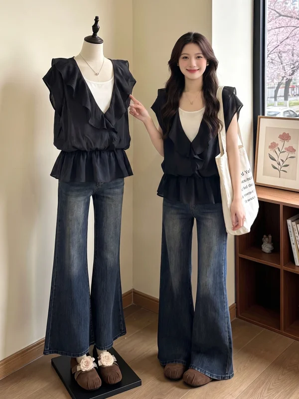 

Dark Blue Women's Short Sleeve Shirt with Lace Hem Waist Cinching Shoulder Width Regular Commute Style Korean Loose Fit Shirt