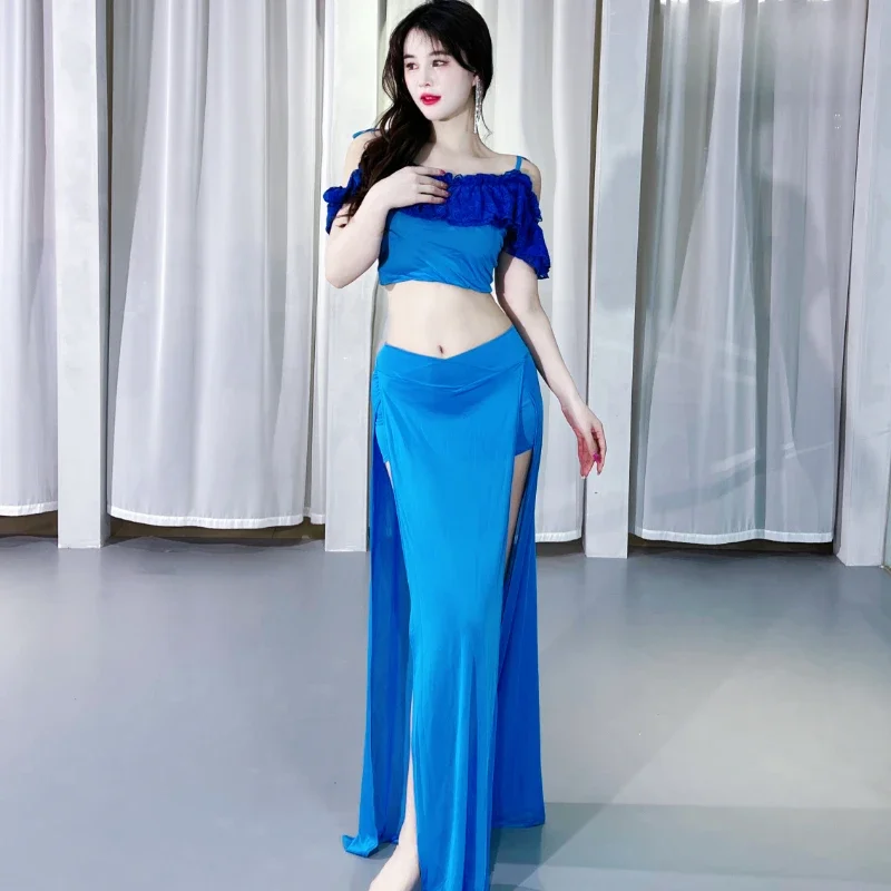Terno de treinamento de dança do ventre malha renda superior + sexy divisão saia longa 2 pçs feminino dança oriental roupas de prática profissional
