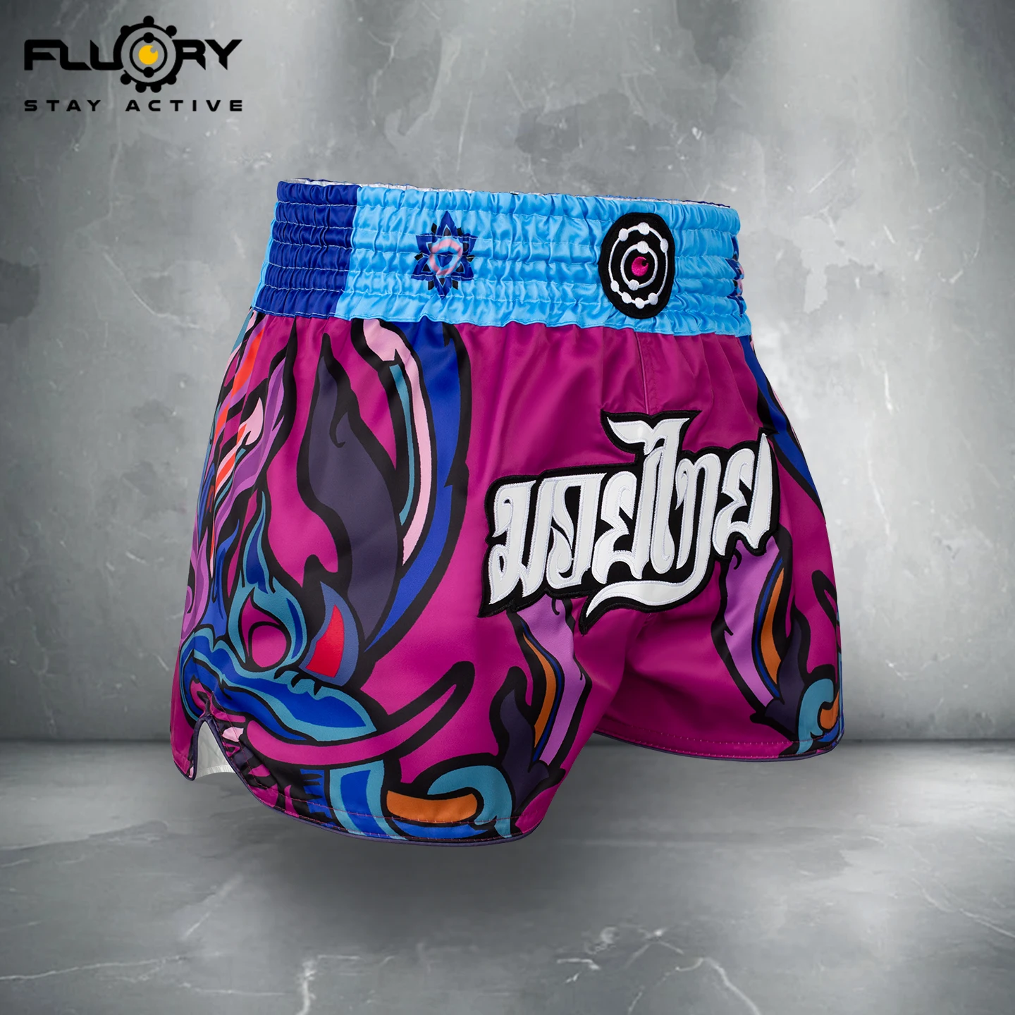 FLUORY Muay Thai Shorts Lila Buntes Kontrastleder bestickte atmungsaktive Herren- und Damen-Boxshorts Muay Thai Shorts