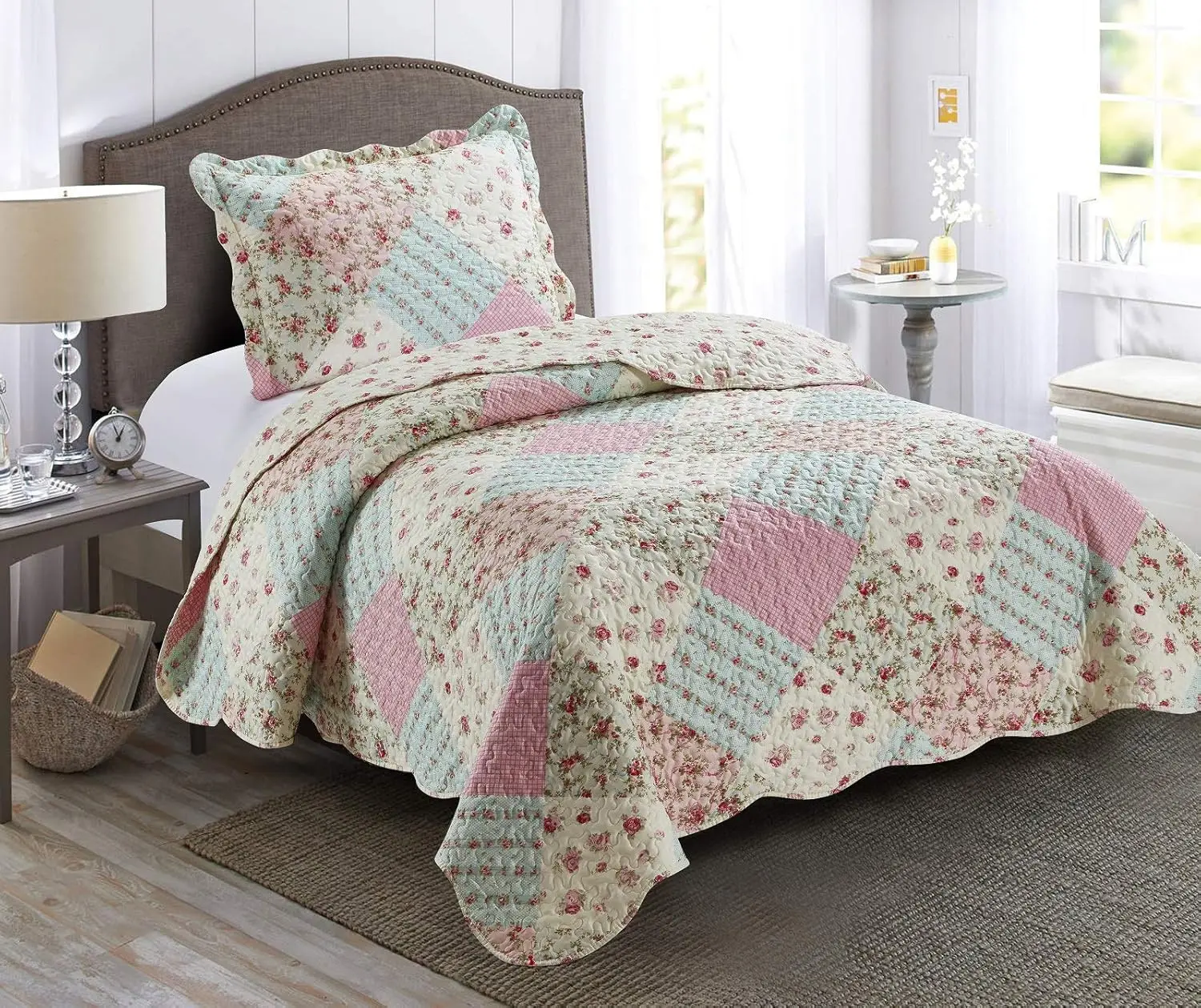 Brilliant Sunshine Roses Quilt Set, 2-Piece Bedding Sets With 1 Sham, Patchwork Design, Washable And Reversible Bedspread, Soft
