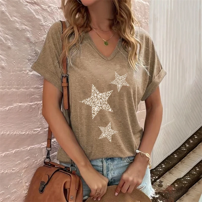 Fashion V-neck Women's T-Shirts Funny Five-Pointed Star Printed T Shirt For Women Summer Hot Sale Short Sleeve Casual Loose Tops