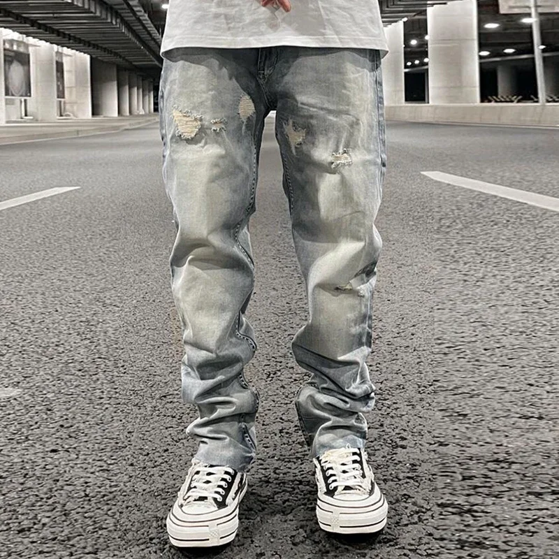 

Aelfric Eden Ripped Hole Distressed Washed Men's Jean Straight Casual Baggy Pockets Pencil Pants Streetwear Loose Denim Trousers