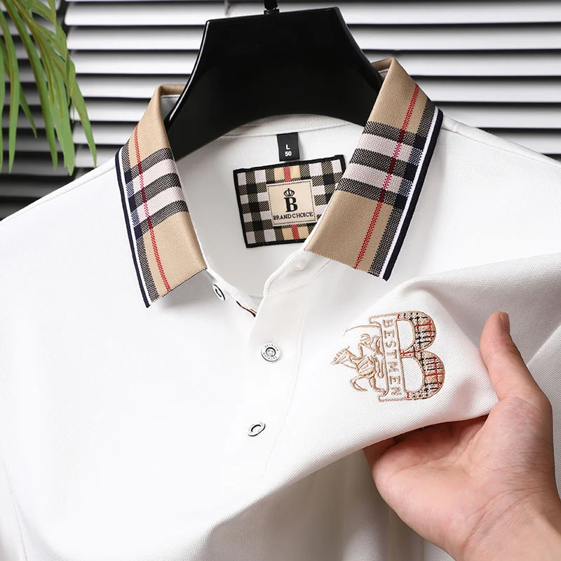 Modisches, hochwertiges, besticktes Herren-Polohemd aus Baumwolle, Herbst-Revers-T-Shirt in Kontrastfarben, lässige, vielseitige Herrenbekleidung – Detail 2