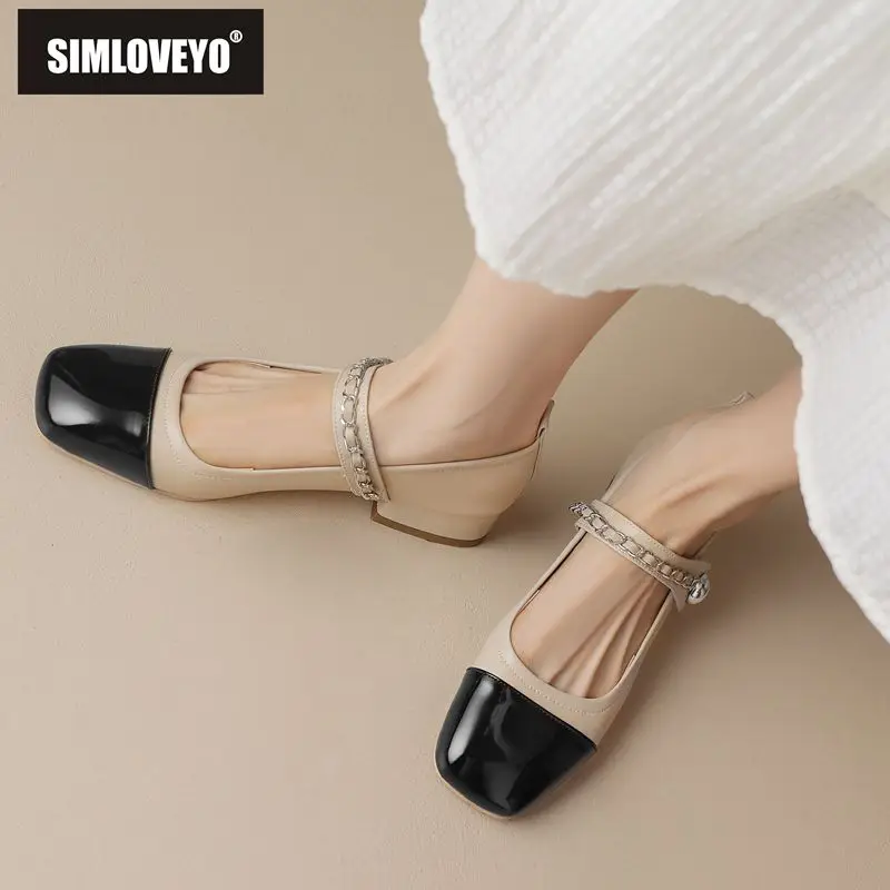 

SIMLOVEYO Korea Soft Flats for Ladies Square Toe Block Heels Metal Decor Strap Elegant Daily Mary Jane Shoes Large Size 41 42 43