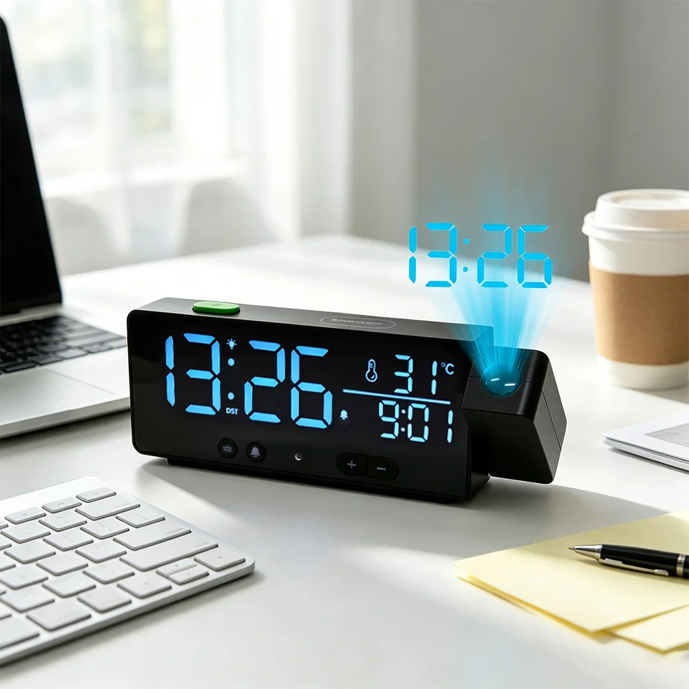 1pcThis multi-functional LED digital projection alarm clock features time setting, temperature adjustment, a single alarm clock,
