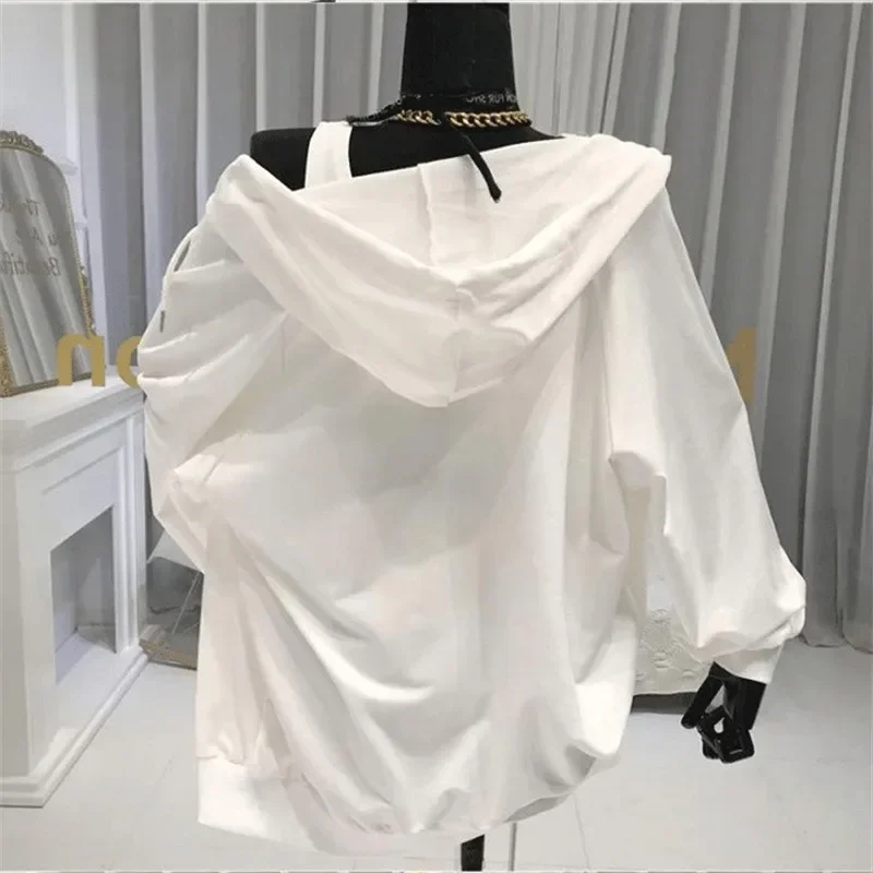 Y2k New Three-piece Casual White Vest Drawstring Running Shorts Loose Breathable Cardigan Zipper Hooded Sweatshirt Women's Set
