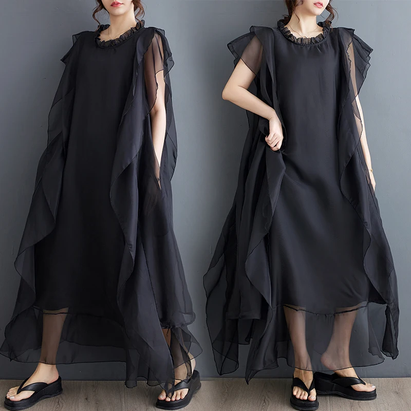 Tannt Women Dress Mesh Patchwork Asymmetry Sleeveless Black Dresses Irregular Loose Casual Summer Dresses Women 2024 New