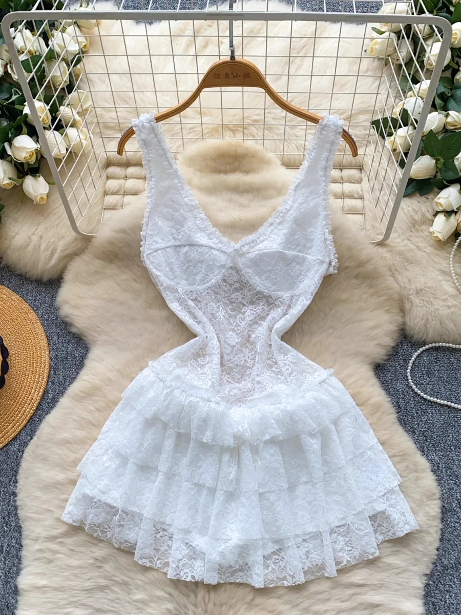 Foamlina 2025 verão preto renda em camadas mini vestido sexy halter y2k rua quente menina cinched cintura magro ajuste a linha saia colete vestido