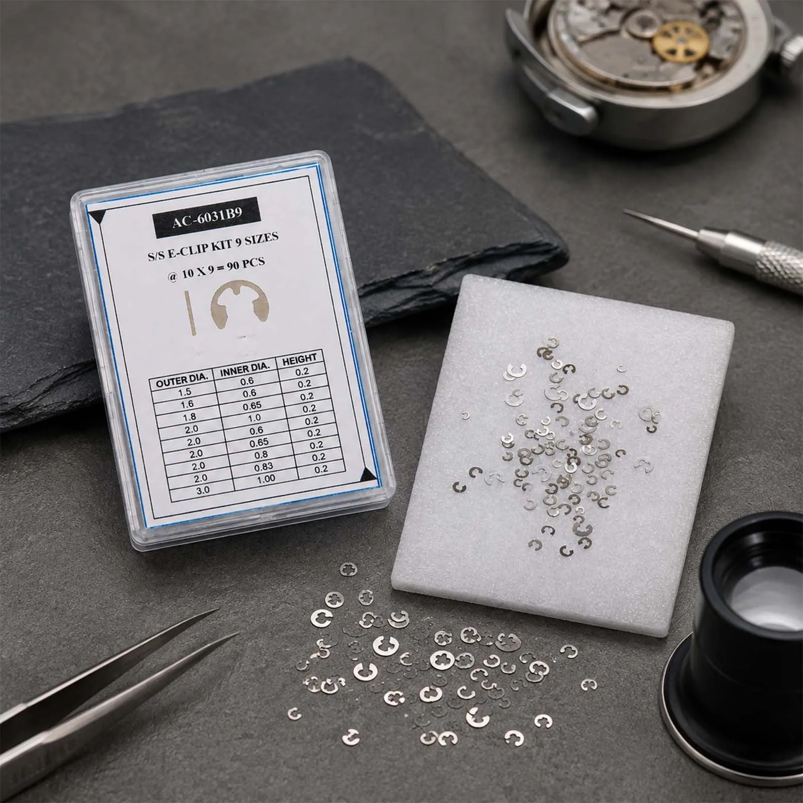 90Pcs 9 Sizes Watch Chronograph Pusher Correctors Seals Gasket, C-Clip Circlip Ring Assortment for Watchmaker Repair