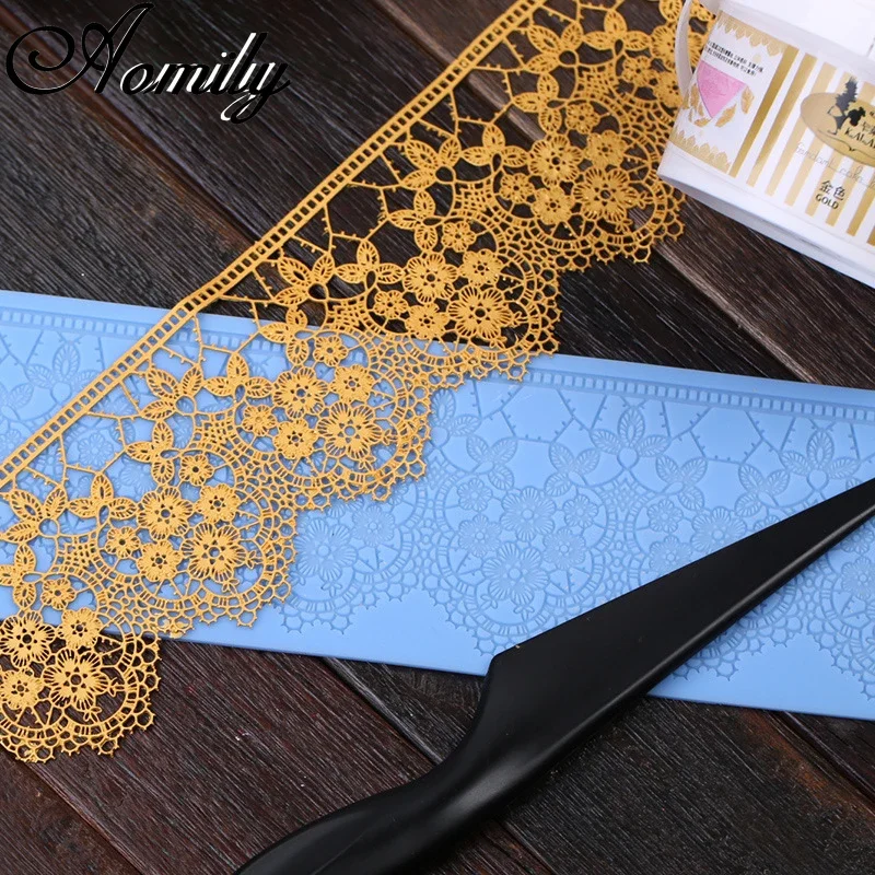 Aomily 40x10cm Lace Flower Wedding Cake Silicone Beautiful Flower Lace Fondant Mold Mousse Sugar Craft Icing Mat Pastry Tool