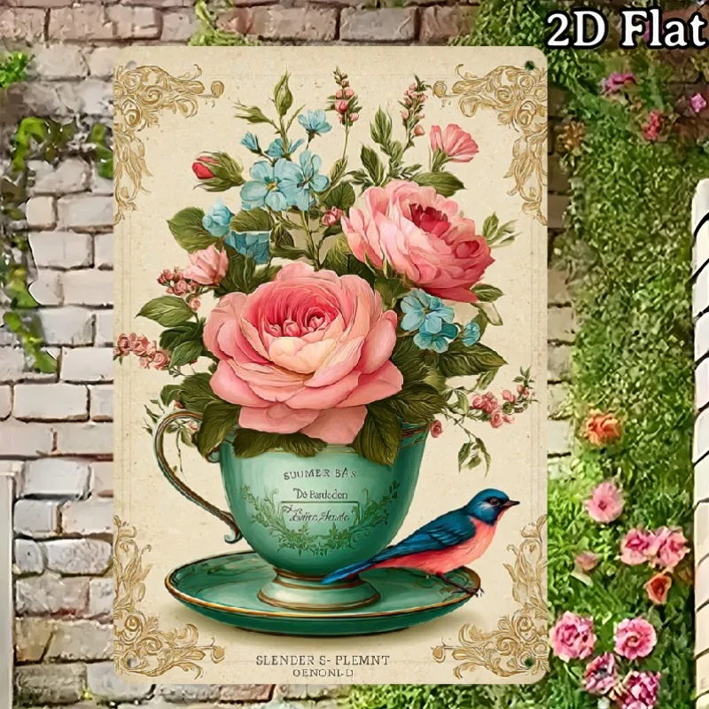 Vintage Französisches Landhaus-Stil Blumen-Teekanne Vogel Metallschild, 8x12 Zoll Retro Dekorative Plakette für Bauernhaus, Wohnzimmer oder Küche