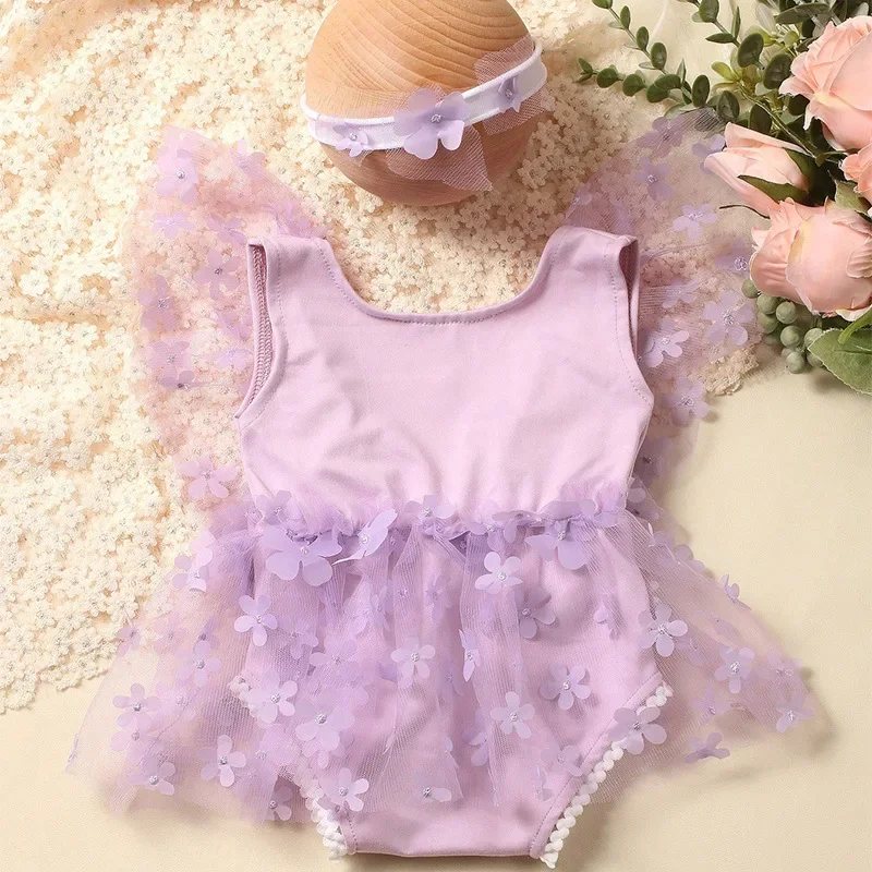 Ylsteed 2 Pieces Set Newborn Girl Photography Outfits Embroidery Flower Romper with Headband Baby Photo Shooting Clothes