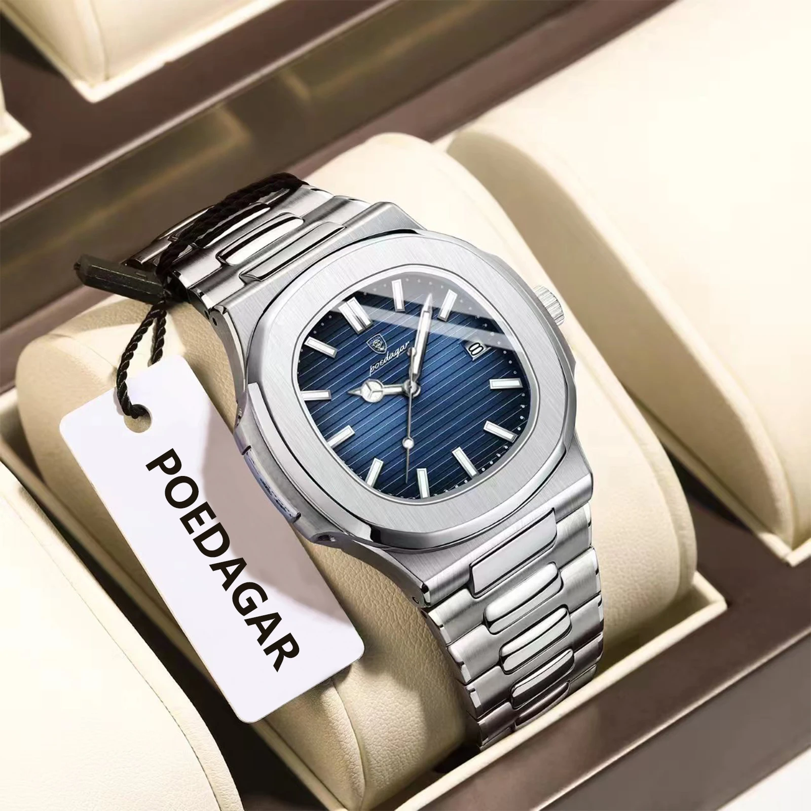 POEDAGAR Square Luxury Watches For Men Waterproof Luminous Date Men Wristwatch Stainless Steel Sports Quartz Male Clock+Gift Box