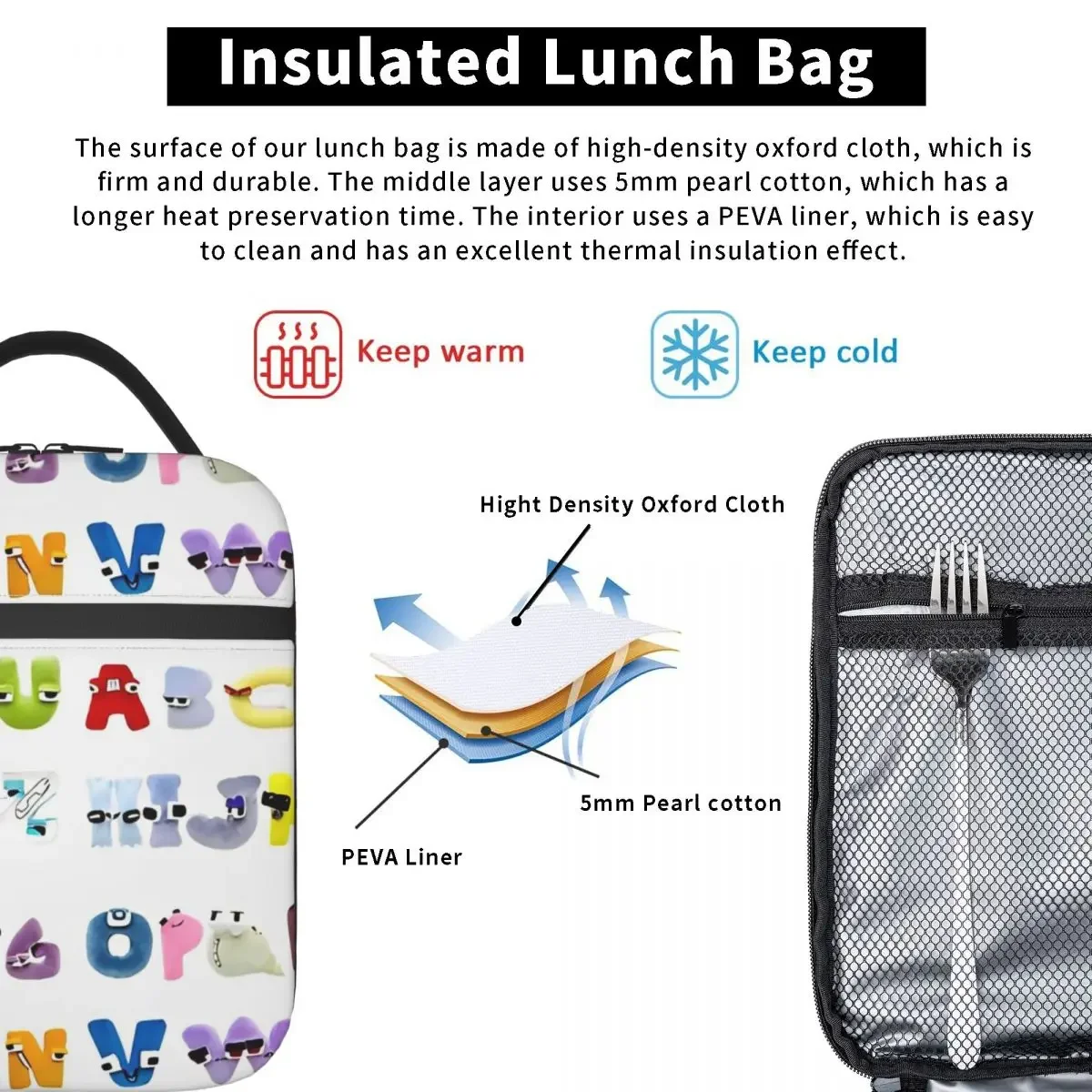 Alphabet Lore Transformation Insulated Lunch Bag Large Meal Container Cooler Bag Tote Lunch Box Work Outdoor Food Handbags