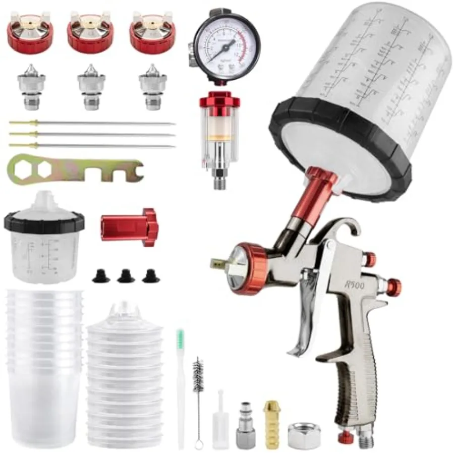 

LVLP Automotive Paint Spray Gun R500 Kit with 1.3mm 1.5mm and 1.7mm Nozzles Includes 650ml and 200ml Mixing Cups 10 Disposable
