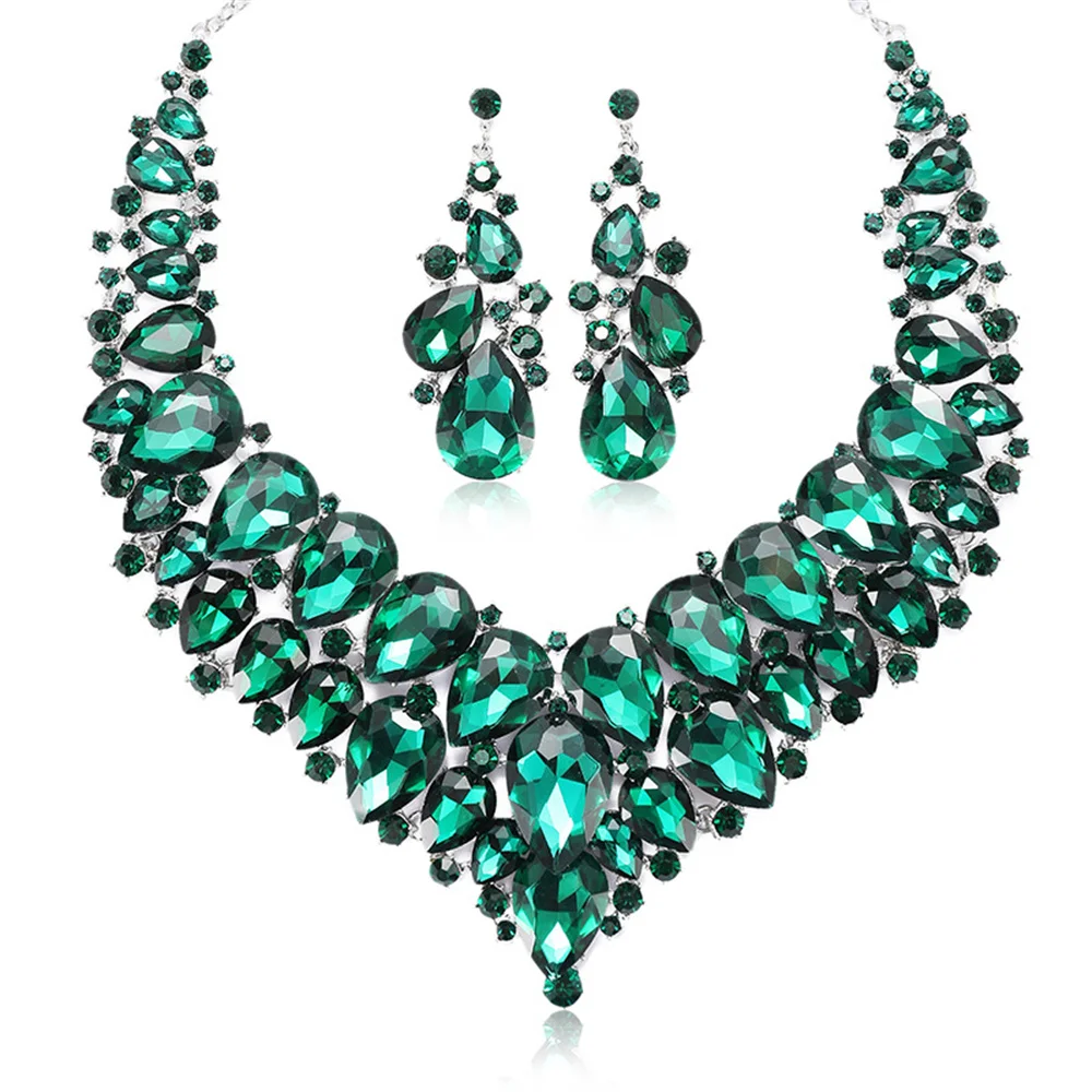 

Gorgeous Red Green Crystal Retro Collar Necklace Earring Luxury Wedding Jewelry Set Gift Exaggerated Bridal Party Accessories