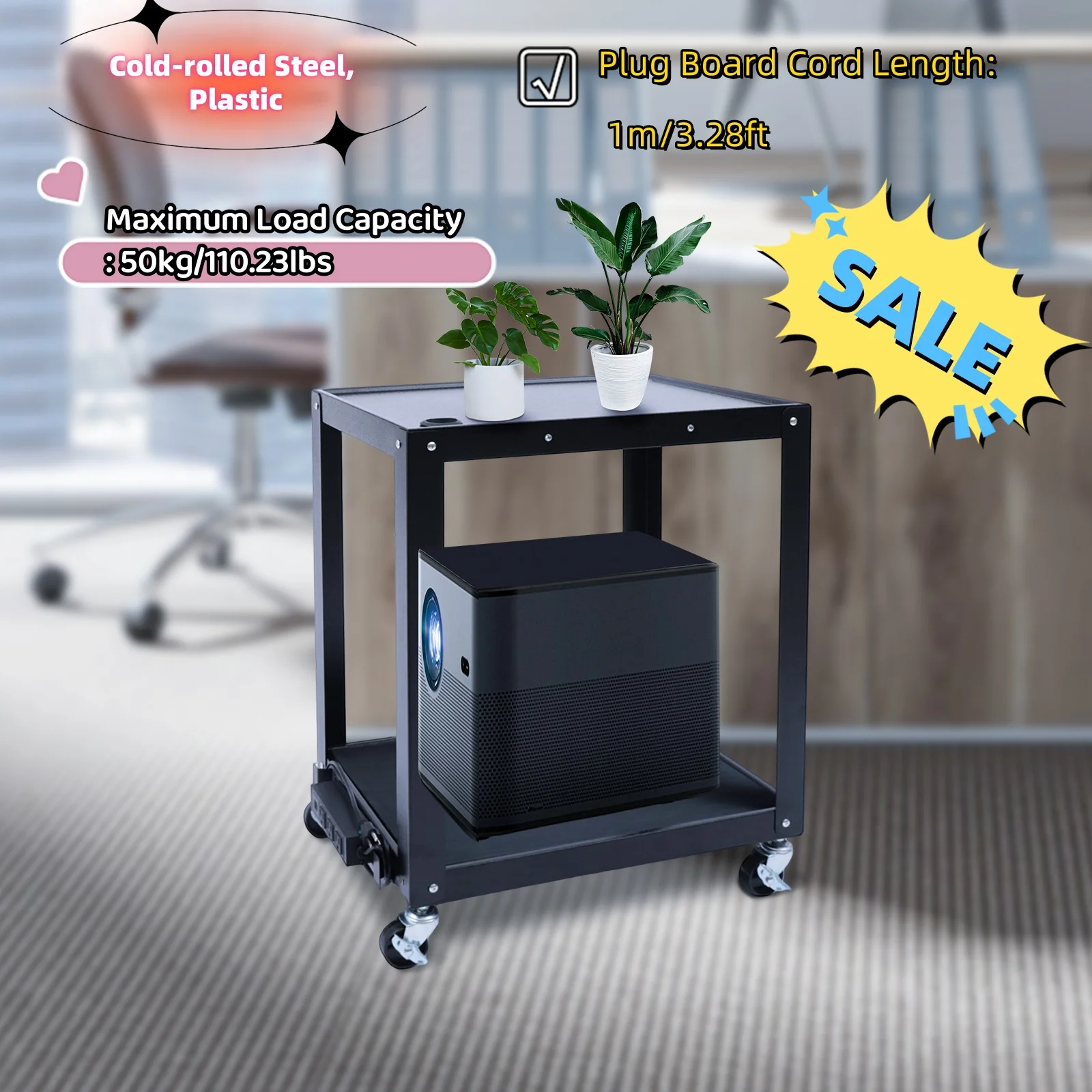 26Inch Media Cart with Power Strip, 2 Shelves,4 Rolling Casters,Maximum Load Capacity of 110.23 Lbs