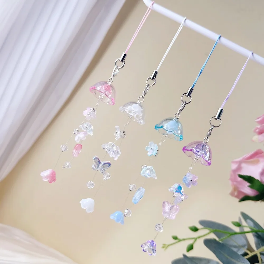 

Y2K Purple Blue Wind Chimes Butterfly Keychain Cute lily of the valley Beaded Keyring For Phone Camera Korean Paired Phone Strap