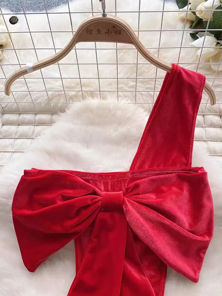 Women Christmas Velour Strappy Rompers Fashion Bow Tight One Shoulder Catsuit Sexy Solid One Piece Combination Bodysuit