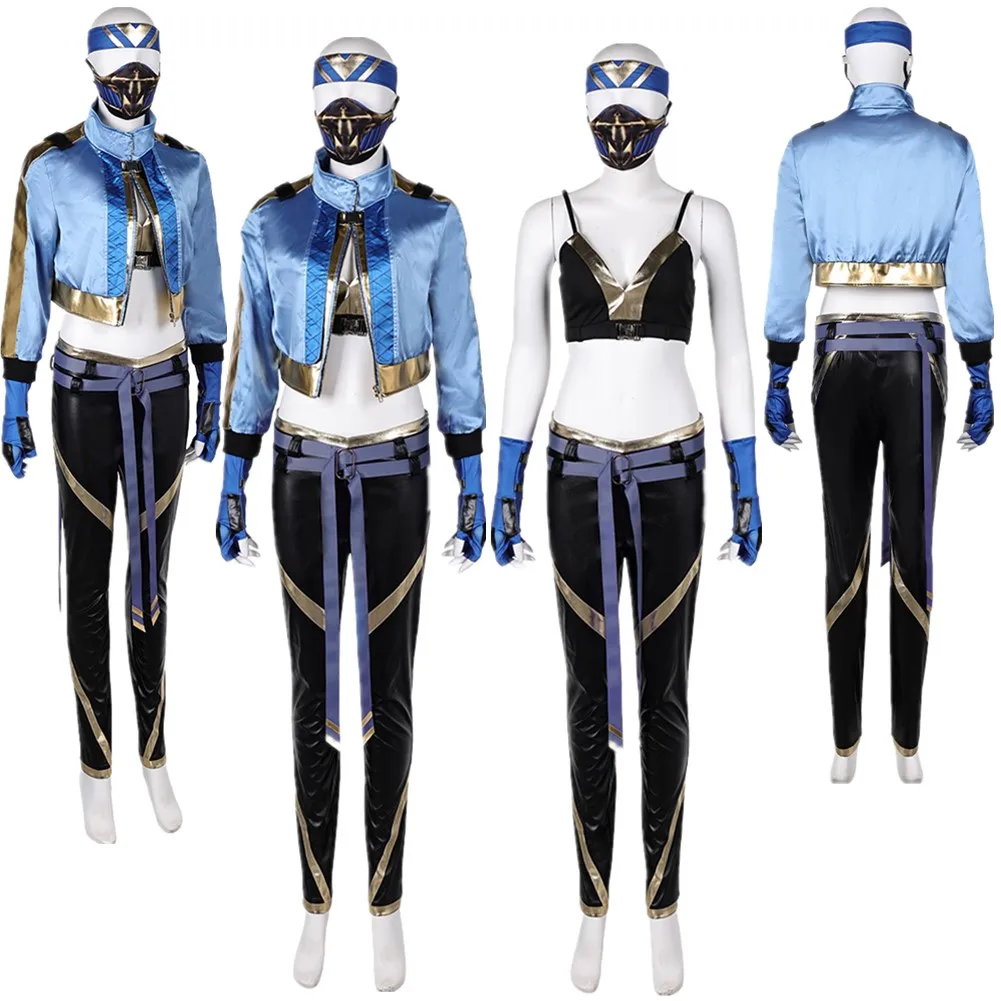 Kitana Cosplay Costume Blue Mask Jacket Pants Game Mortal Roleplay Kombat Top Headband Suit Outfit Women Halloween Party Clothes