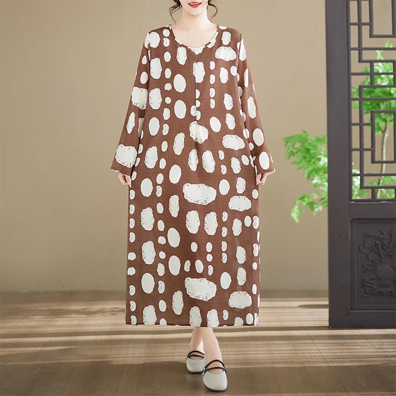 New Printed Long Sleeve Long Neck round Large Size Women's Cotton Dress Ethnic Style Loose Fit Citywalk A-Line Skirt Dress
