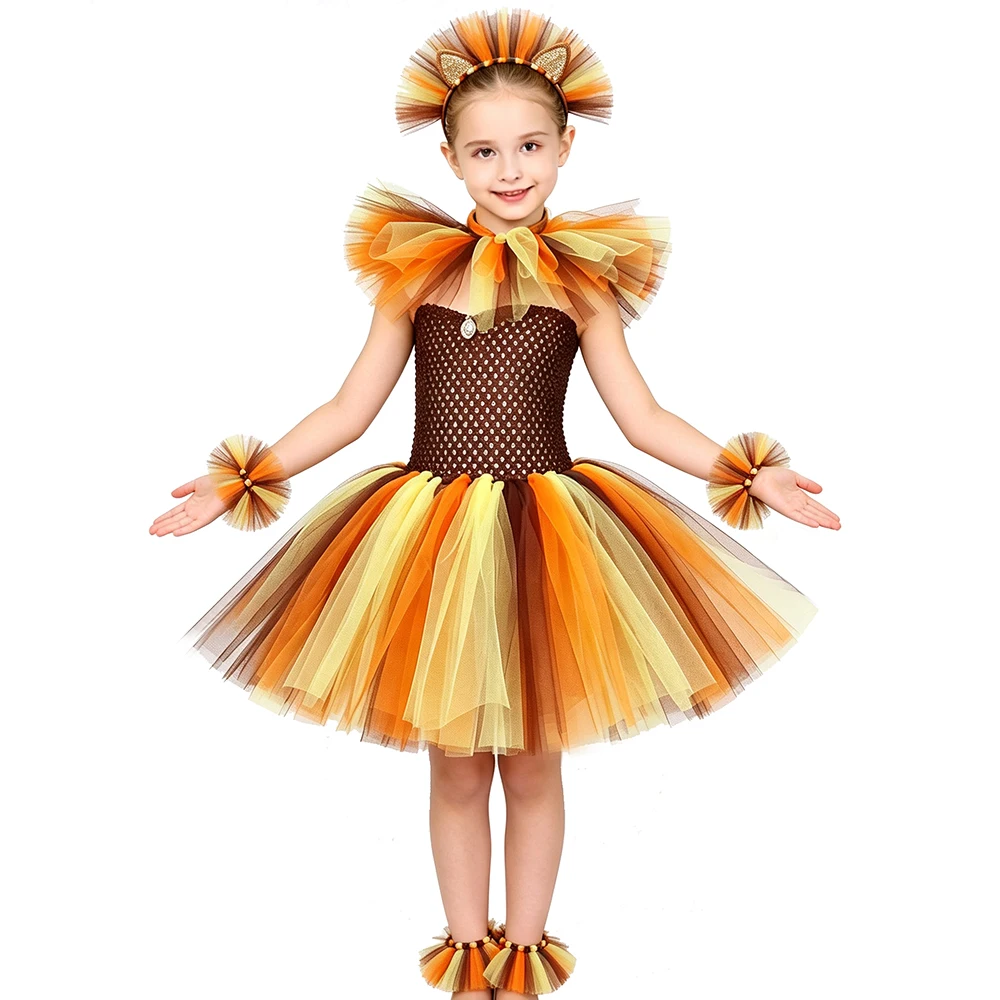 HJTT Girls Mane Lion Costume Kids Wild Animal Tutu Dress Outfit Toddler Girls Halloween Carnival Jungle Party Dress Up Clothes