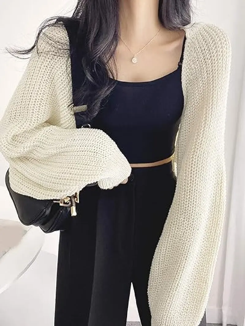 Cropped Solid Knit Sweater  Open Front Long Sleeve Sweater  Women\'s Clothing