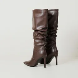 New Black Brown Pleated Lazy Long Boots European American Style 10cm High-heeled Pointed Autumn Winter Women Knee High Boots 43