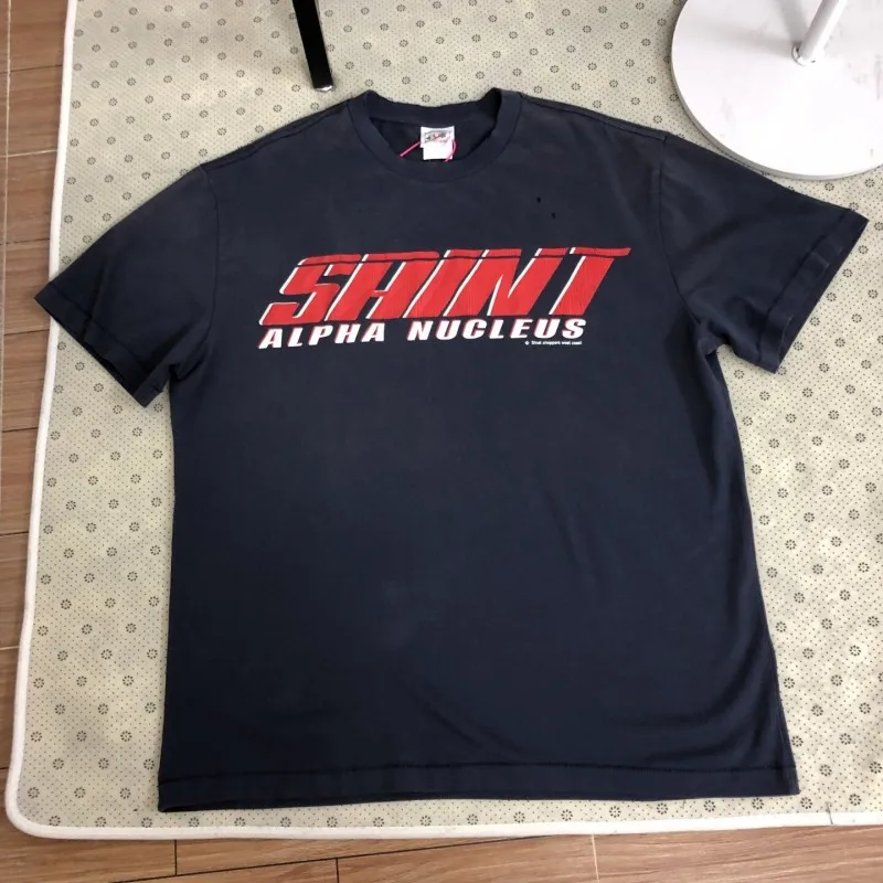 Royal Blue Washed Hole Saint Tshirts Summer Men Women Crack Basic Letter Logo Round Neck Short Sleeve Tops Loose Street Outfit