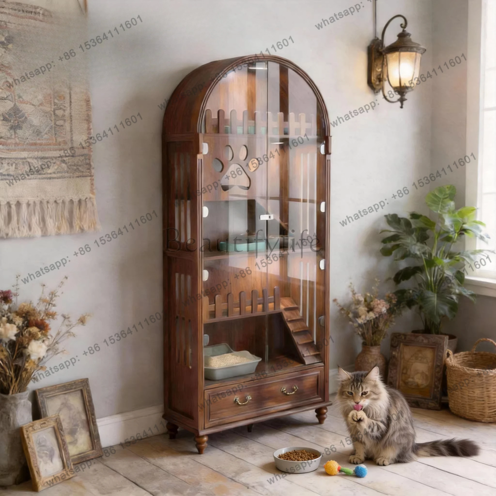 American solid wood cat villa with toilet integrated glass panoramic large space cat house can be customized