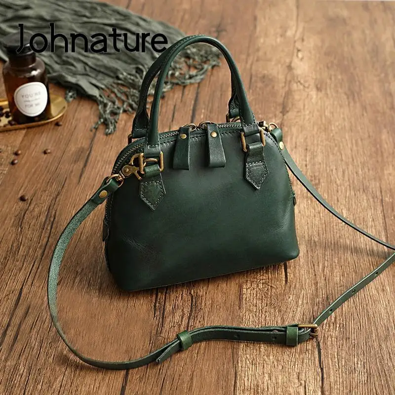 Johnature Genuine Leather Women Shell Bag 2024 New Versatile Solid Color Natural Real Cowhide Handbag Simple Small Shoulder Bags