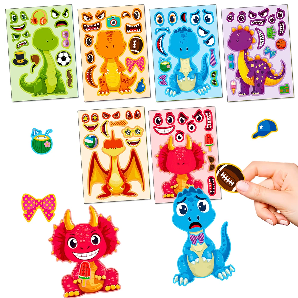 

6/12sheets DIY Make a Face Dinosaur Puzzle Stickers Cute Children Assemble Jigsaw Cartoon Decals Kid Education Toy Party Gift