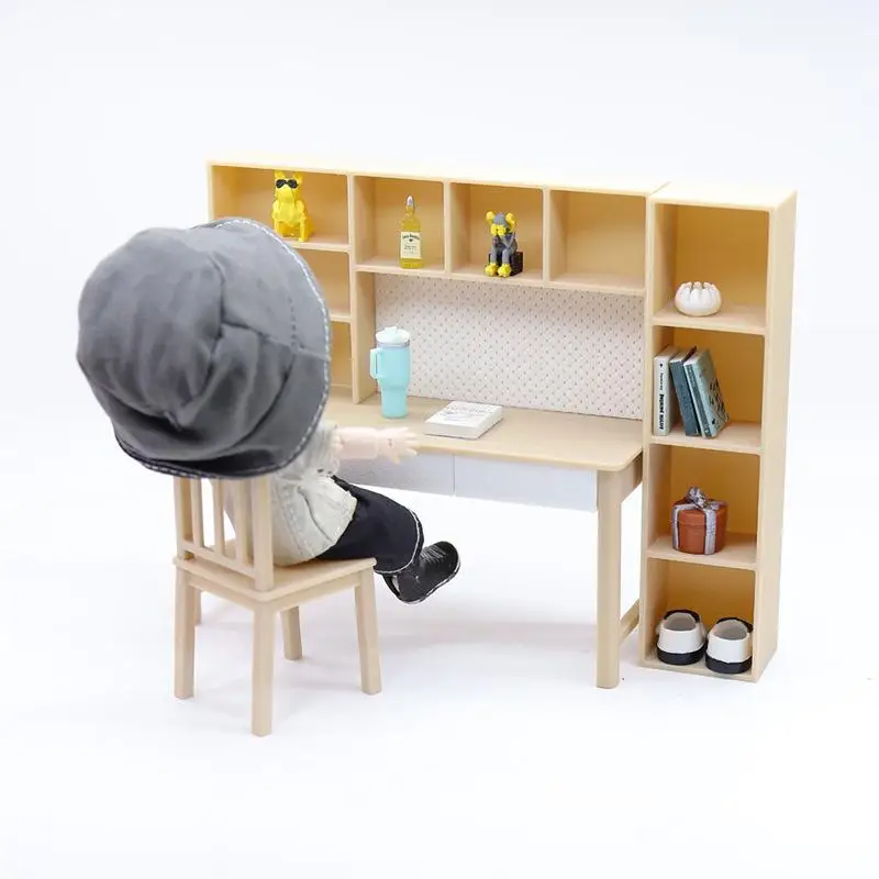 

1/12 Scale Miniature Dollhouse Furniture Kit - Combination Desk Bookshelf Set for Home Study Room Decor