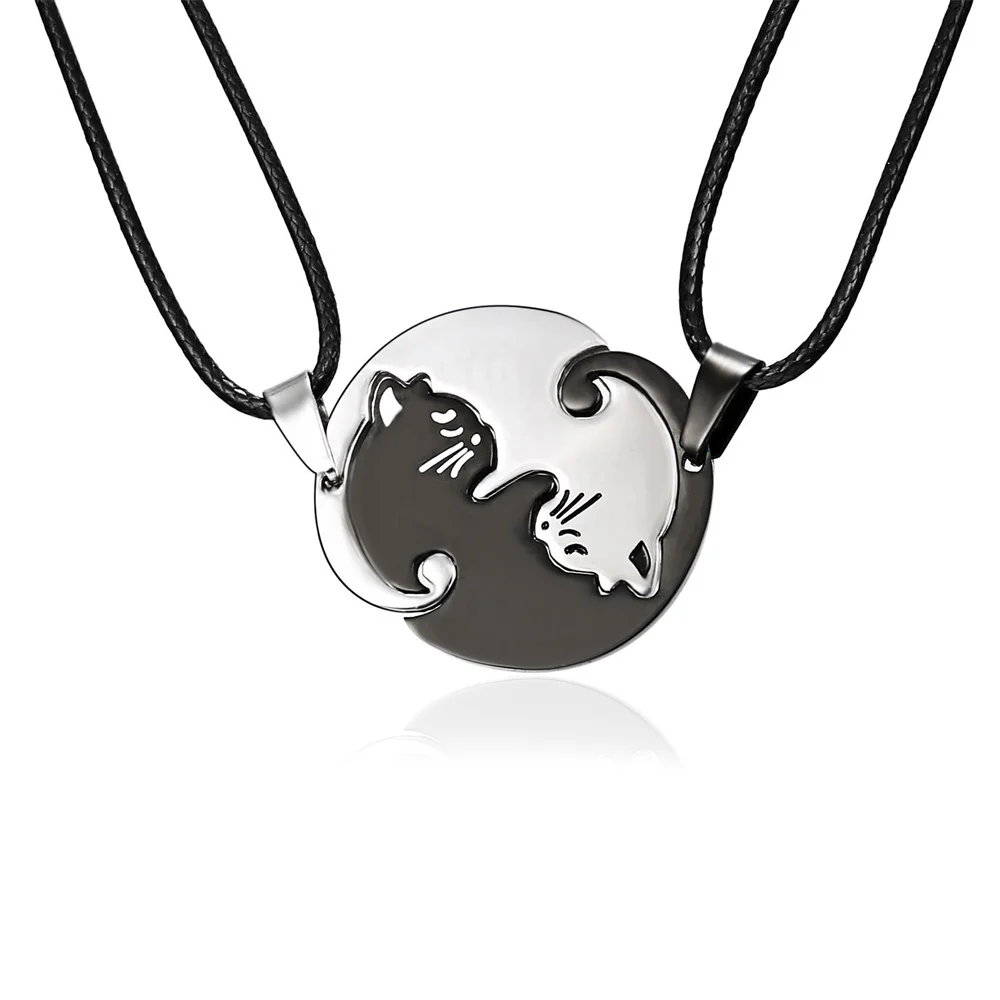 2 Pcs/set Cute Black And White Cat Pendant Stainless Steel Cat Embrace Couple Necklace Jewelry Gift For Men And Women Pendant