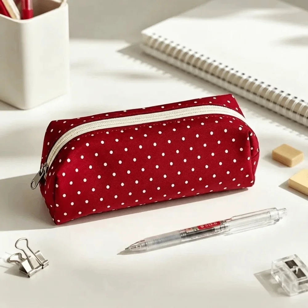 Y2k Polka Dot Pencil Case Canvas Large Capacity Pencil Pouch Multi-functional Desktop Storage Stationery Storage Bag Office