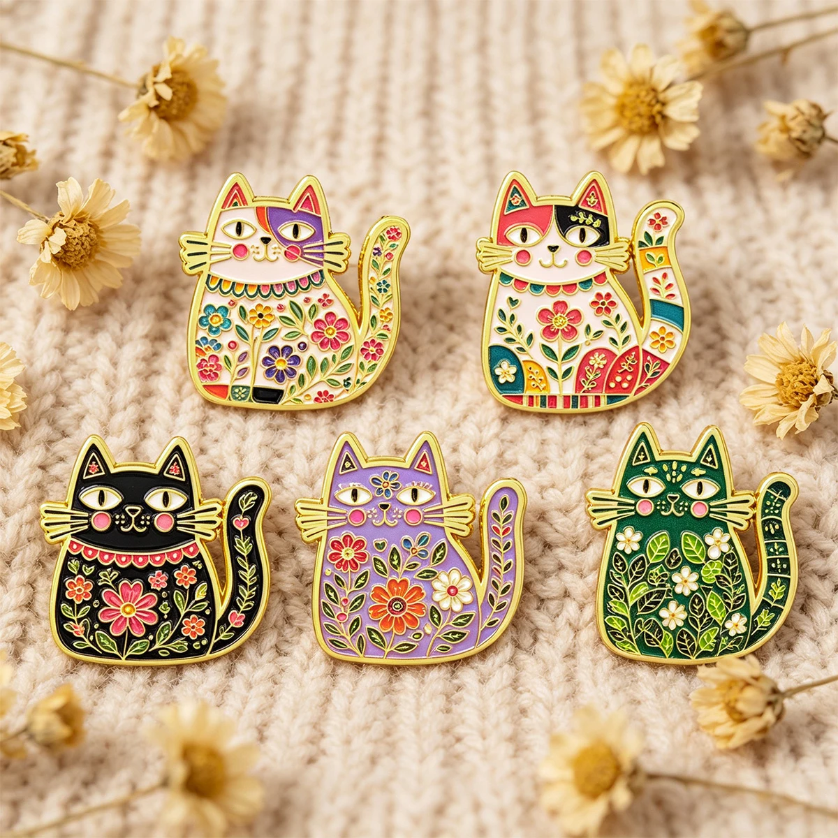 5pcs/set Floral Cat Enamel Pins Cute Style Flower Cat Lapel Brooch Badge for Backpack Jacket Clothing Jewelry Gift