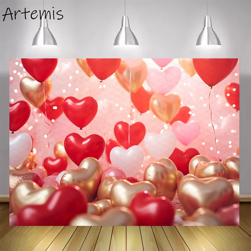 Valentine's Day Backdrop Romantic Pink Red Heart Balloons Couples Wedding Children's Birthday Portrait Background Photo Studio