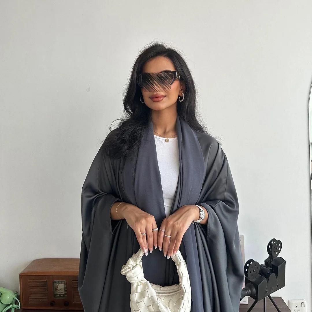 Eid ramadan 2024 luxo cetim aberto quimono abaya dubai batwing manga abayas para mulheres vestido muçulmano roupas islâmicas kaftan robe