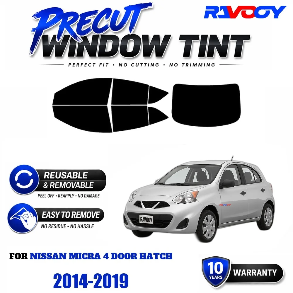 RAVOOY Precut Window Tint, Reusable Removable EPU Film, Custom Fit for Nissan Micra 4 Door Hatch 2014-2019, UV Heat Protection