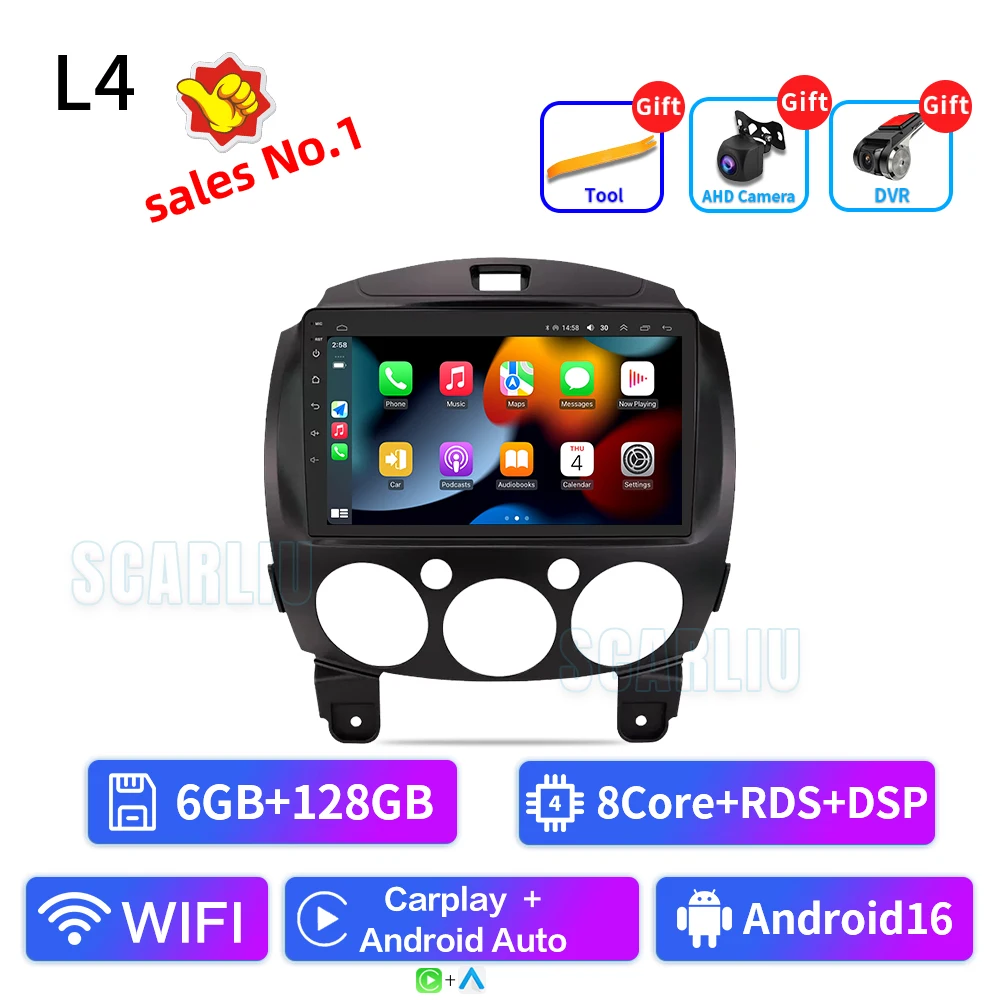 SCARLIU voor Mazda 2 2007-2014 Multimedia Video Player 4G WIFI GPS Navigatie Carplay DVD Head Unit 2 Din Android 16 Autoradio